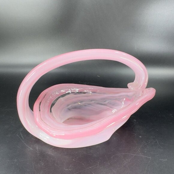 Vintage Sooner Glass Hand Made Pink Swirls Dish Bowl With Handle Basket Handmade - Picture 8 of 14